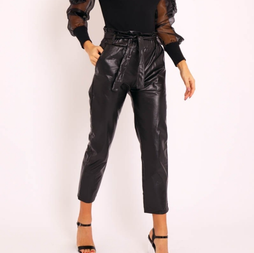 Rebellious Fashion Black Faux Leather Paper Bag Belted Tapered Trousers US Med
